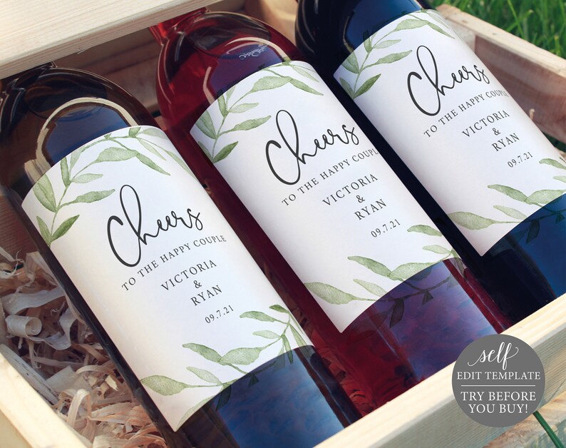 Wine Bottle Label Template, Try Before Purchase, Editable Instant Download, Greenery Leaves image 1