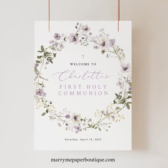 First Communion Welcome Sign Template, Rustic Lavender Flowers, Printable, First Holy Communion Sign, Templett INSTANT Download, Editable