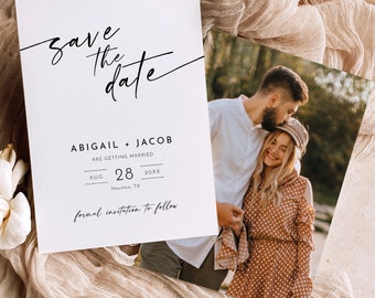 Save the Date Photo Card Template, Minimalist Calligraphy, 5x7, Editable, Modern, Photo Save the Date Template, Templett INSTANT Download