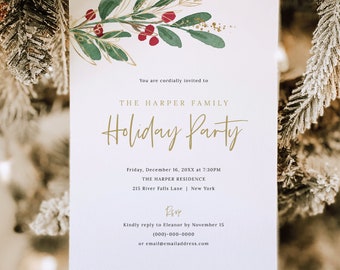 Holiday Party Invitation Card Template, Green Leaf & Red Berry, Editable, 5x7, Christmas Party Invite, Printable, Templett INSTANT Download