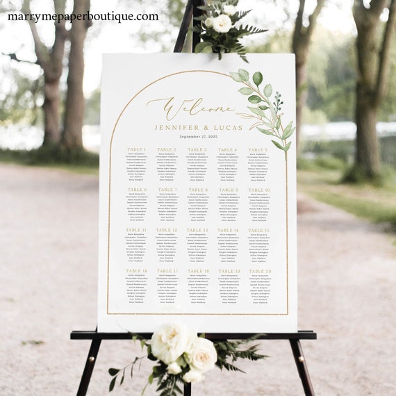 Wedding Seating Chart Template, Greenery Arch, Editable Greenery Seating Plan Sign, Printable Seating Plan Poster, Templett INSTANT Download