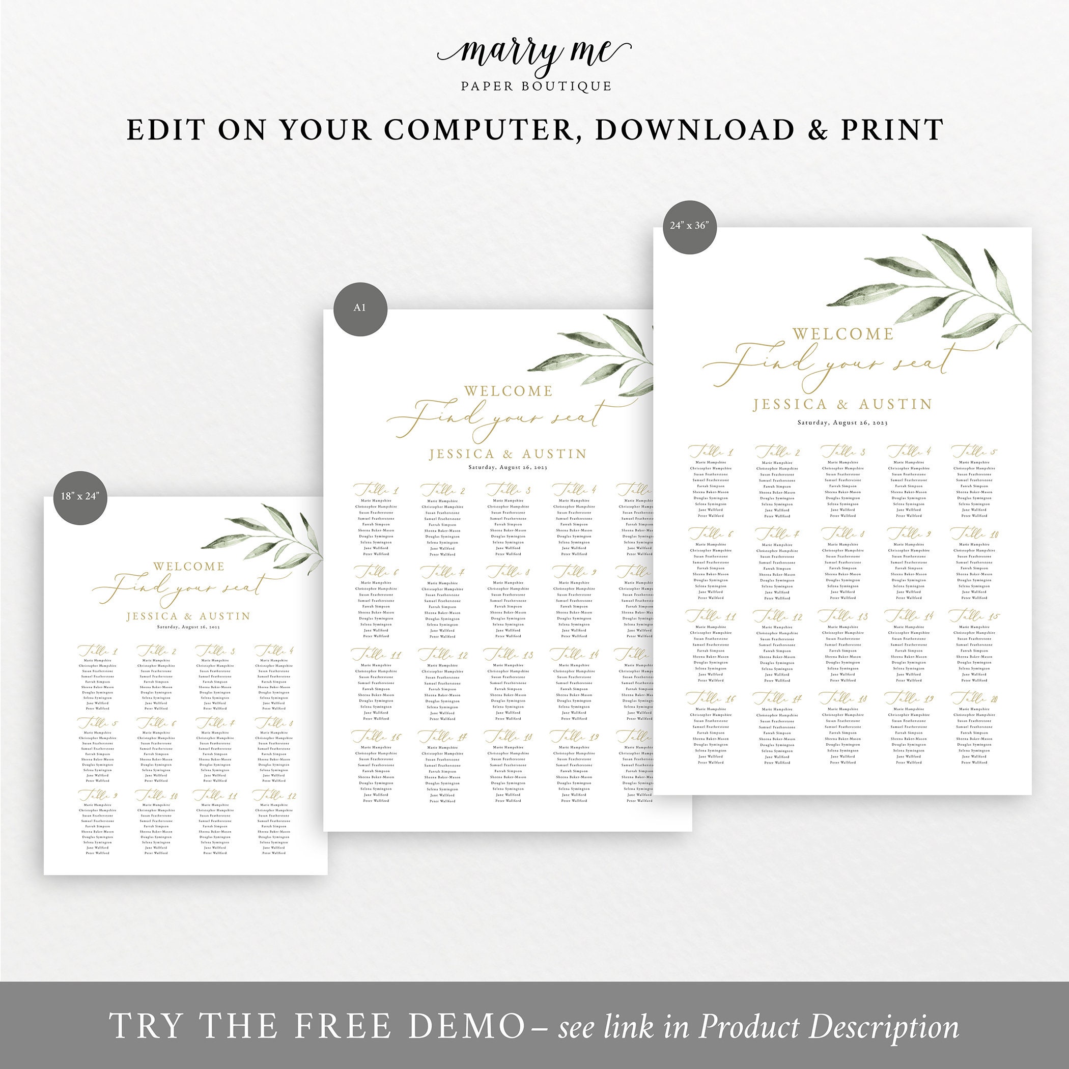 Seating Chart Template Greenery Leaf Instant Download Editable