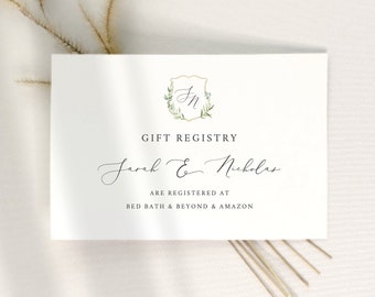 Wedding Gift Registry Card Template, Greenery Wedding Crest, Wedding Registry Card Printable, Editable, Templett INSTANT Download