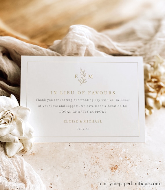 In Lieu of Favors Card Template, Leaf Monogram Gold, Editable, Charity Donation Enclosure Card, Printable, Templett INSTANT Download