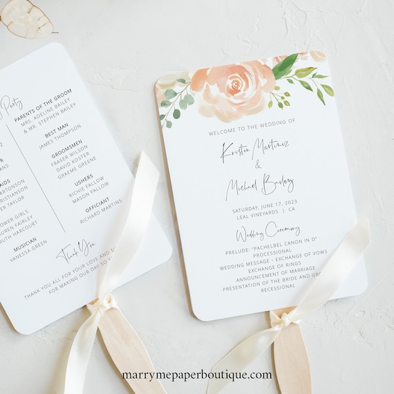 Wedding Program Fan Template, Editable Instant Download, TRY BEFORE You BUY, Peach Floral
