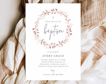 Baptism Invitation Template, Elegant Pink Wreath, Editable, Pink Baptism Invitation Card, Printable Invite, 5x7, Templett INSTANT Download