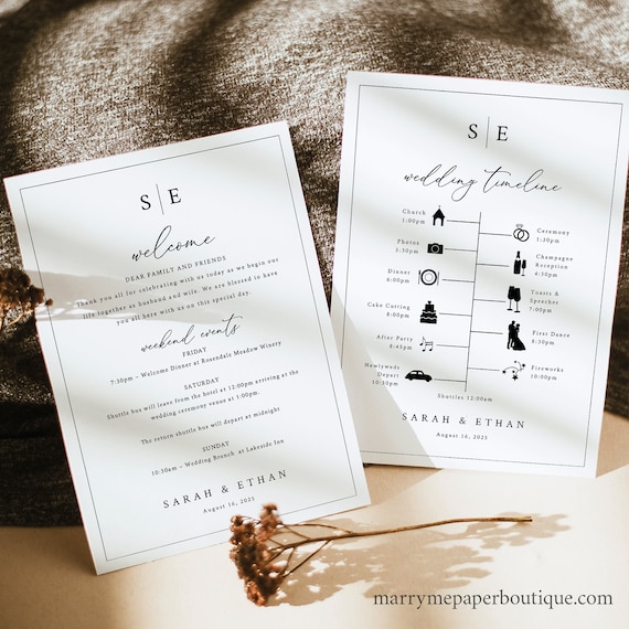 Wedding Welcome & Itinerary Card Template, Minimalist Wedding Monogram, 5x7, Editable Wedding Timeline, Printable, Templett INSTANT Download