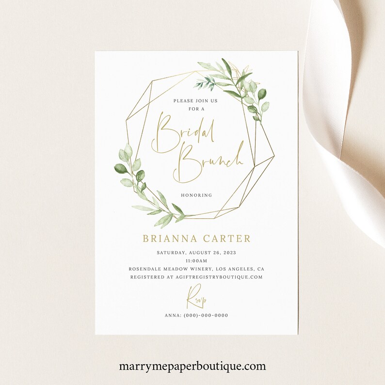Bridal Brunch Invitation Template Greenery Gold Printable Bridal Shower Brunch Invite Templett INSTANT Download Editable