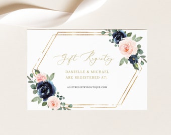 Wedding Registry Card Template, Navy & Blush Floral, Editable Gift Registry Enclosure Card, Printable, Templett INSTANT Download