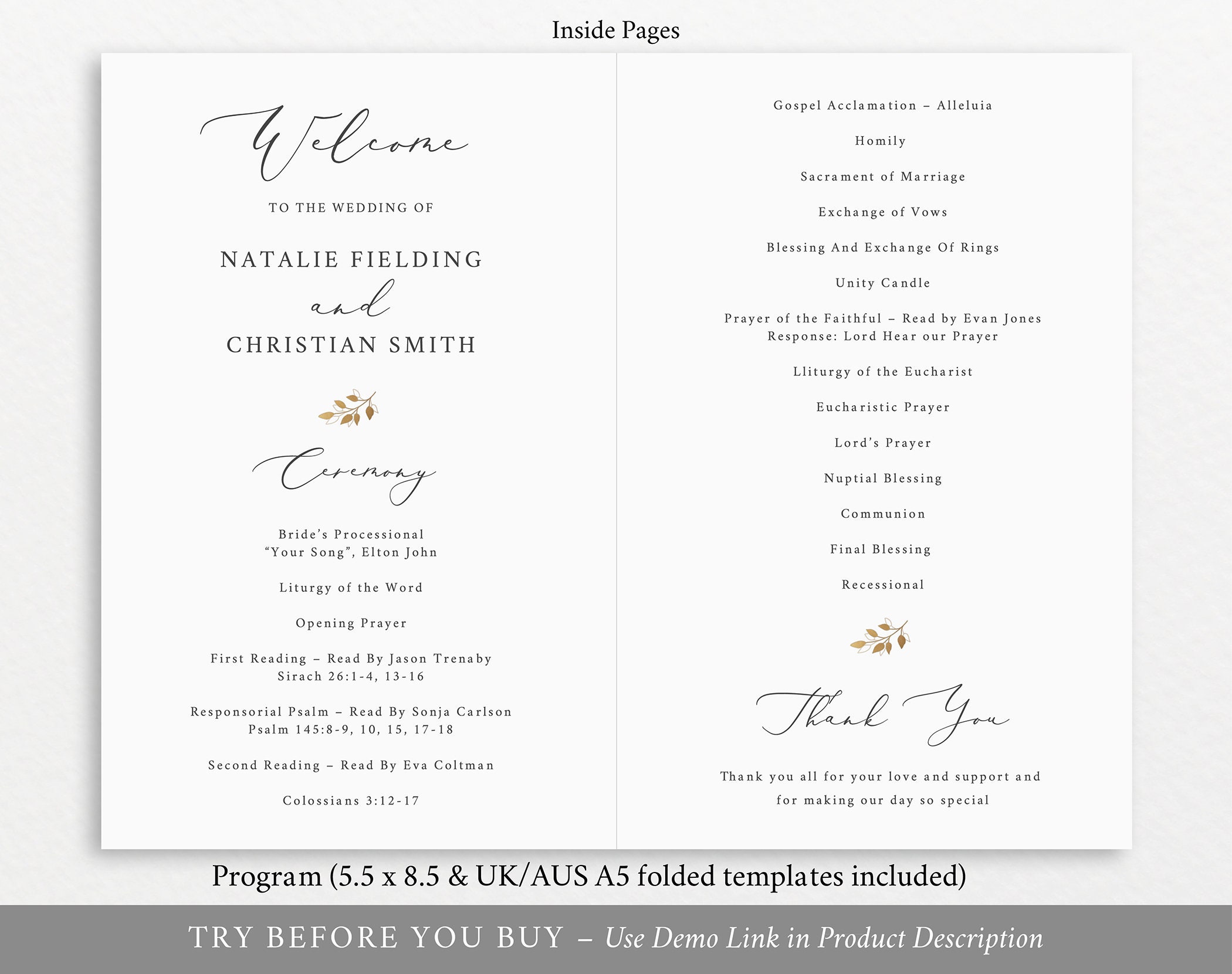 Catholic Wedding Program Template, Gold Wreath, Folded