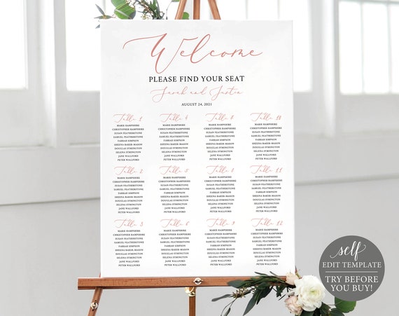 Seating Chart Template, Elegant Rose Gold, Editable Instant Download, FREE Demo Available