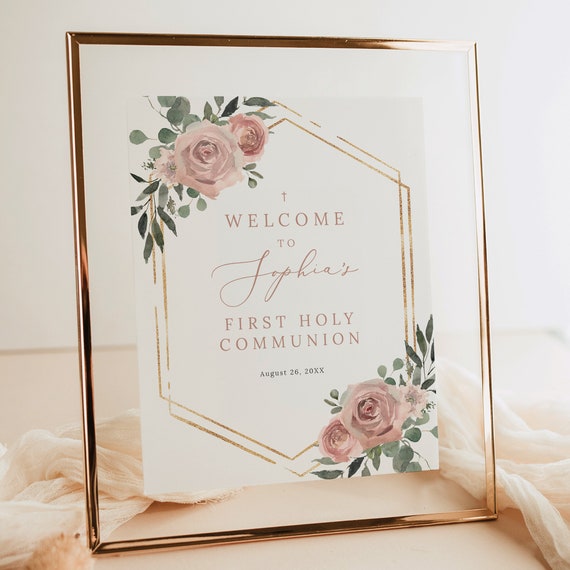 First Communion Welcome Sign Template, Dusky Pink Floral, 8x10, Small First Holy Communion Table Sign, Editable, Templett INSTANT Download