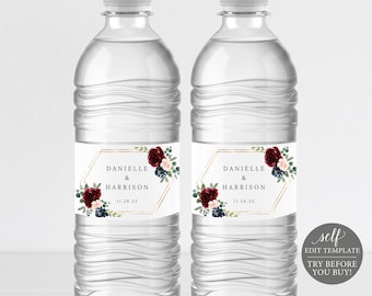 Water Bottle Label Template, Burgundy Navy, Printable Editable Instant Download, Demo Available