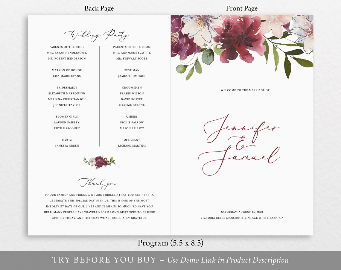 Catholic Wedding Program Template Folded Burgundy Floral