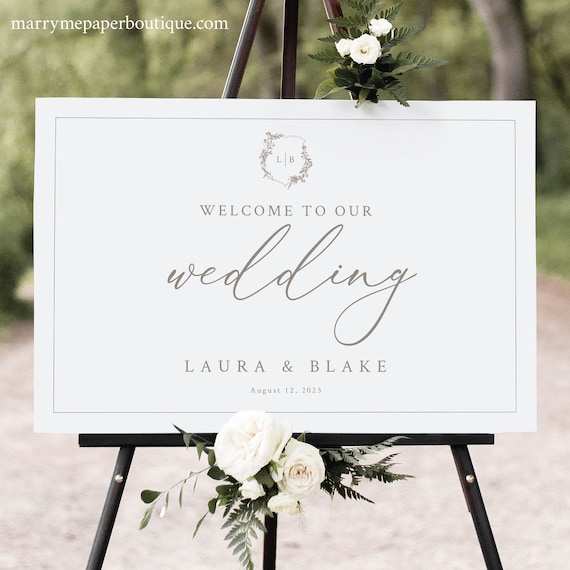 Wedding Welcome Sign Template, Botanical Crest, Wedding Crest, Editable, Welcome To Our Wedding Sign, Printable, Templett INSTANT Download