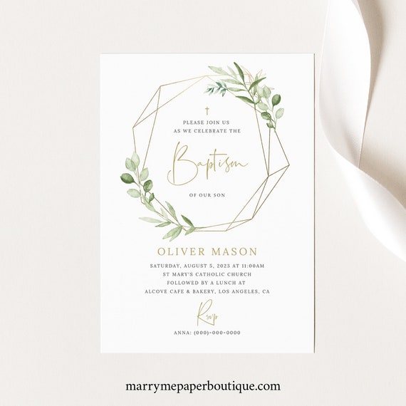 Baptism Invitation Template, Editable Printable Instant Download, Greenery & Gold