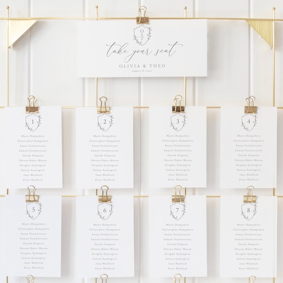 Seating Chart Cards Template, Elegant Crest & Monogram, Editable, Wedding Seating Plan Cards, Header Card, Templett INSTANT Download