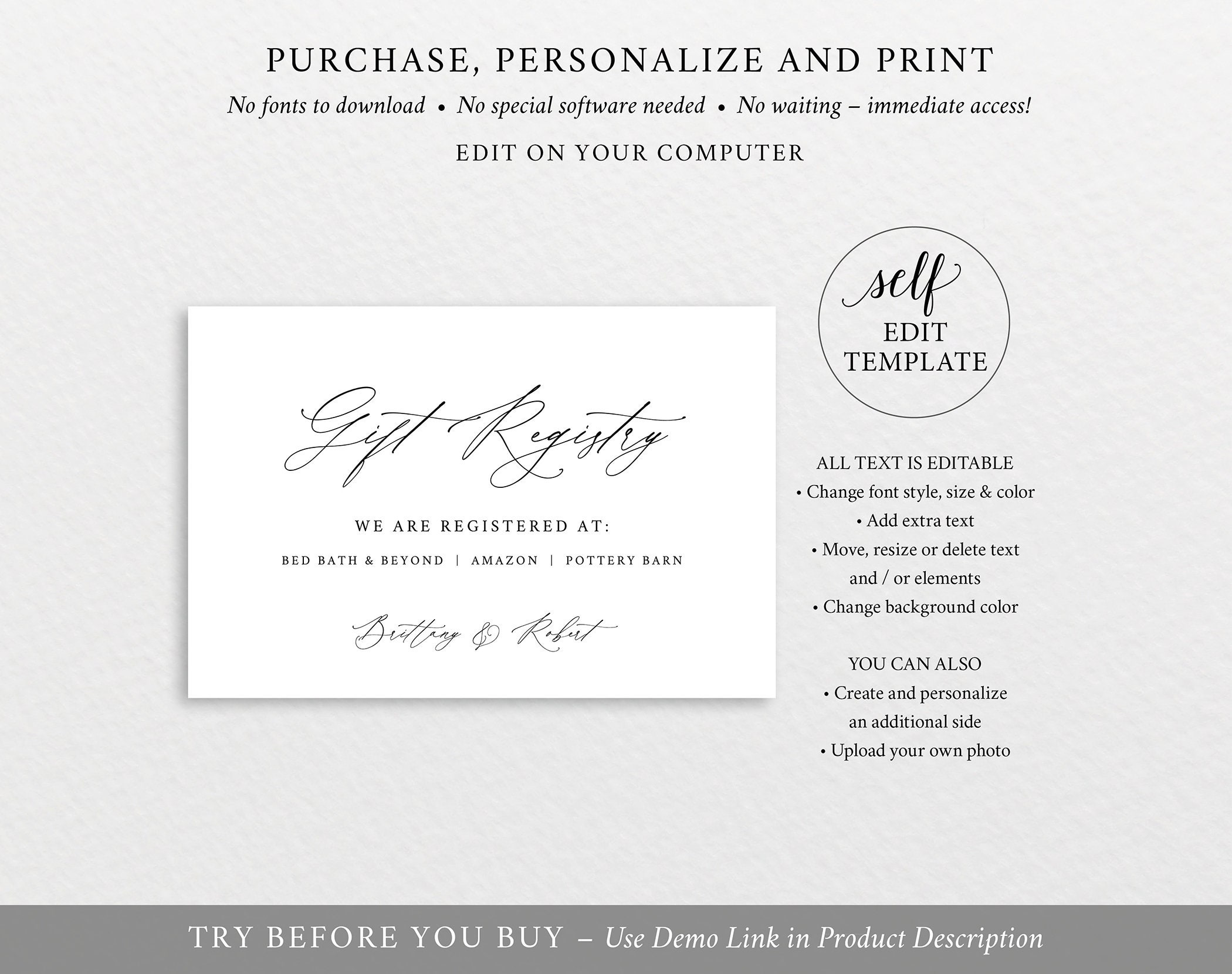 Gift Registry Card Template Try Before You Buy Editable Instant