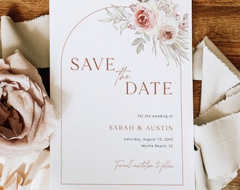 Save the Date Template, Blush Floral Boho Arch, Editable, Save The Date Card, Boho Save Our Date, Printable, 5x7, Templett INSTANT Download