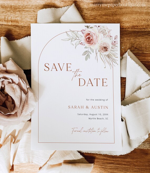 Save the Date Template, Blush Floral Boho Arch, Editable, Save The Date Card, Boho Save Our Date, Printable, 5x7, Templett INSTANT Download