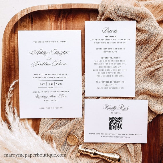 Wedding Invitation Template Set, Traditional & Classic, QR Code RSVP, Details, Editable Wedding Invite, Printable, Templett INSTANT Download