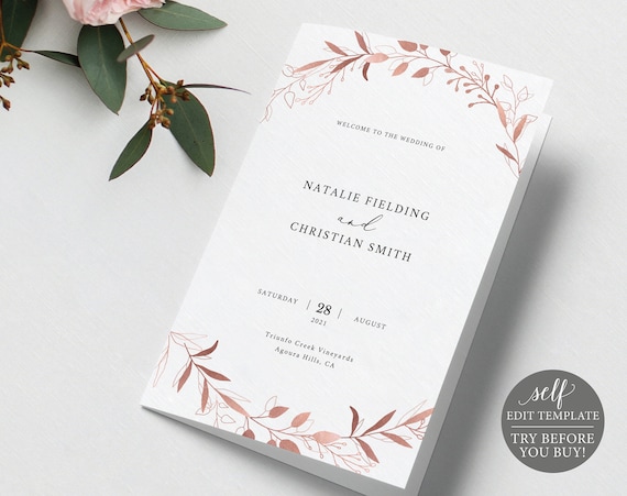 Wedding Program Template, Fold, TRY BEFORE You BUY, Fully Editable Instant Download, Rose Gold Leaf