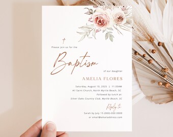 Baptism Invitation Template, Elegant Floral Boho, Editable Invite, Boho Baptism Invitation Card, Printable, Templett INSTANT Download