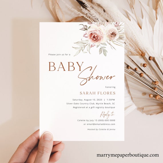 Baby Shower Invitation Template, Elegant Floral Boho, Editable, Boho Baby Shower Invitation Card, Printable, Templett INSTANT Download