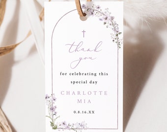 Baptism Tag Template, Rustic Lavender Flowers Arch, Editable, Baptism Favor Tag, Arch Baptism Thank You Tag, Templett INSTANT Download