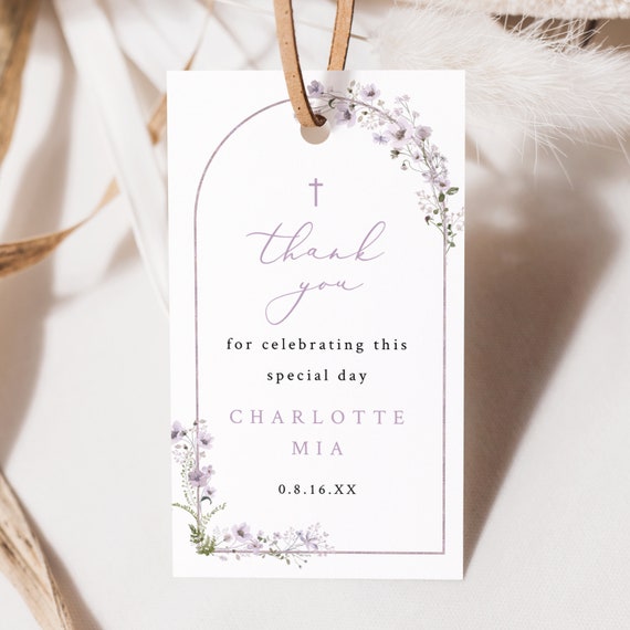 Baptism Tag Template, Rustic Lavender Flowers Arch, Editable, Baptism Favor Tag, Arch Baptism Thank You Tag, Templett INSTANT Download