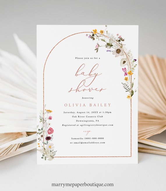 Wildflower Baby Shower Invitation Template, Rustic Wildflowers Arch, Editable Baby Shower Invite Card, Printable, Templett INSTANT Download