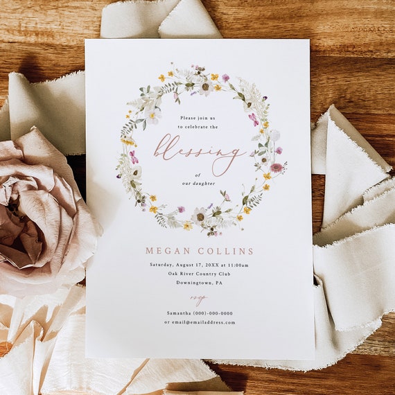 Blessing Ceremony Invitation Template, Rustic Wildflower Wreath, Printable, Editable Wildflower Blessing Invite, Templett INSTANT Download
