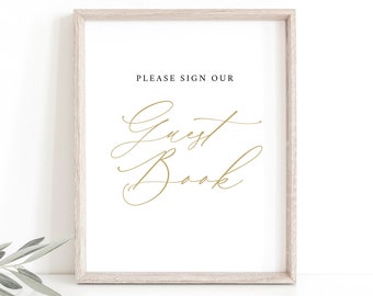 Guest Book Sign Template, Stylish Gold Script, Editable, Please Sign Our Guestbook Sign, Wedding Sign, Printable, Templett INSTANT Download
