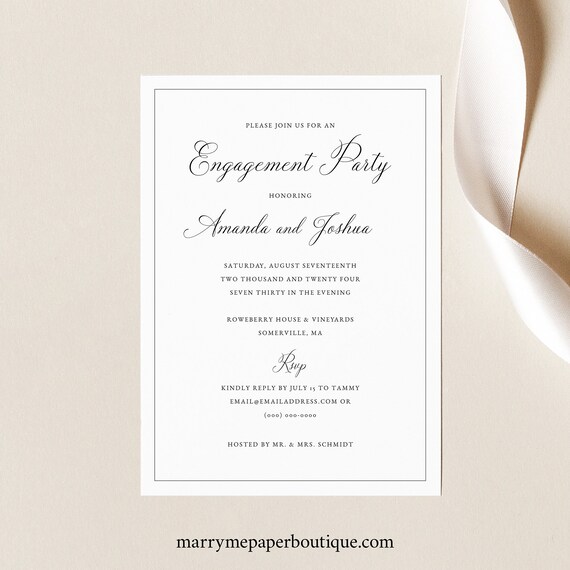 Engagement Party Invitation Template, Traditional Wedding Calligraphy & Border, Editable, 5x7, Printable, Templett INSTANT Download