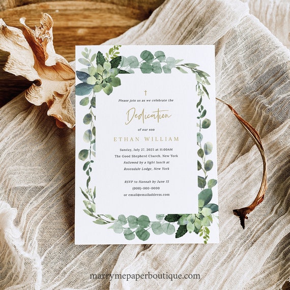 Dedication Invitation Template, Lush Greenery, Printable, Greenery Dedication Ceremony Invite Card, Editable, Templett INSTANT Download