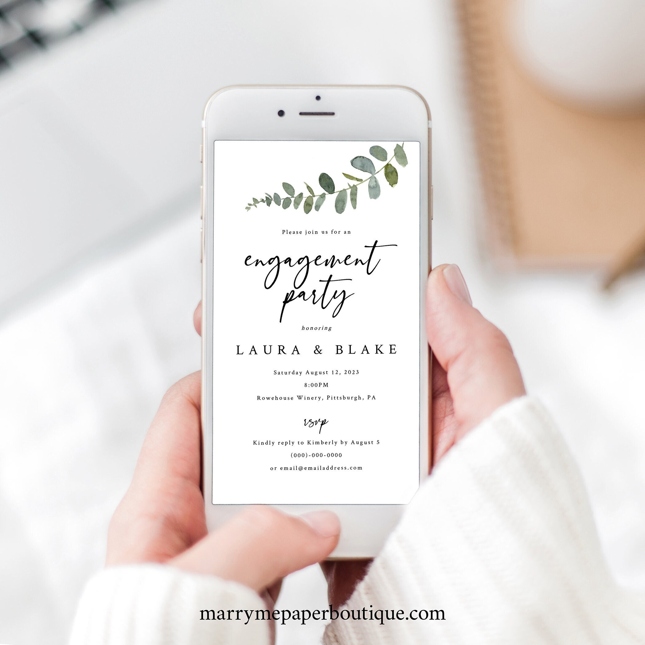 Digital Engagement Party Invitation Template, Elegant Eucalyptus