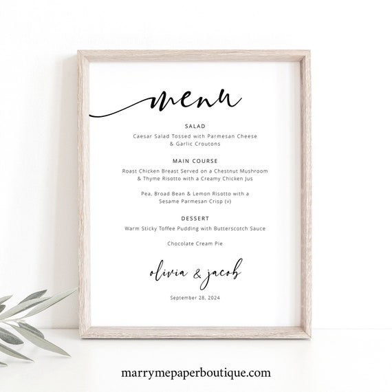 Wedding Menu Sign Template, Modern Calligraphy, Editable, Wedding Table Menu Sign, Printable, 8x10 Menu, Templett INSTANT Download