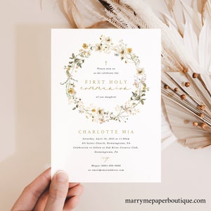 First Communion Invitation Template, Rustic Yellow Floral, First Holy Communion Invite Card, Editable, Printable, Templett INSTANT Download