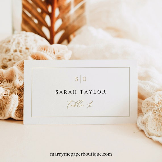 Wedding Place Card Template, Minimalist Wedding Monogram, Gold, Flat & Tent, Editable Name Cards, Printable, Templett INSTANT Download