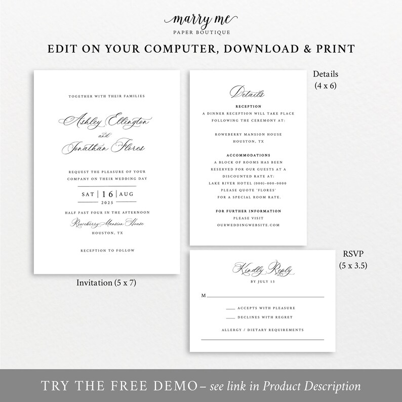 Wedding Invitation Template Set, Traditional Classic, Editable, RSVP, Information, Wedding Invite Printable, Templett INSTANT Download image 4