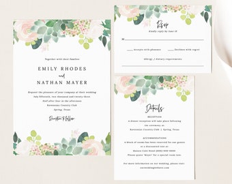 Succulent Floral Wedding Invitation Template Set, Greenery, Invite Set, Printable, Details, RSVP, Templett, INSTANT Download, Editable