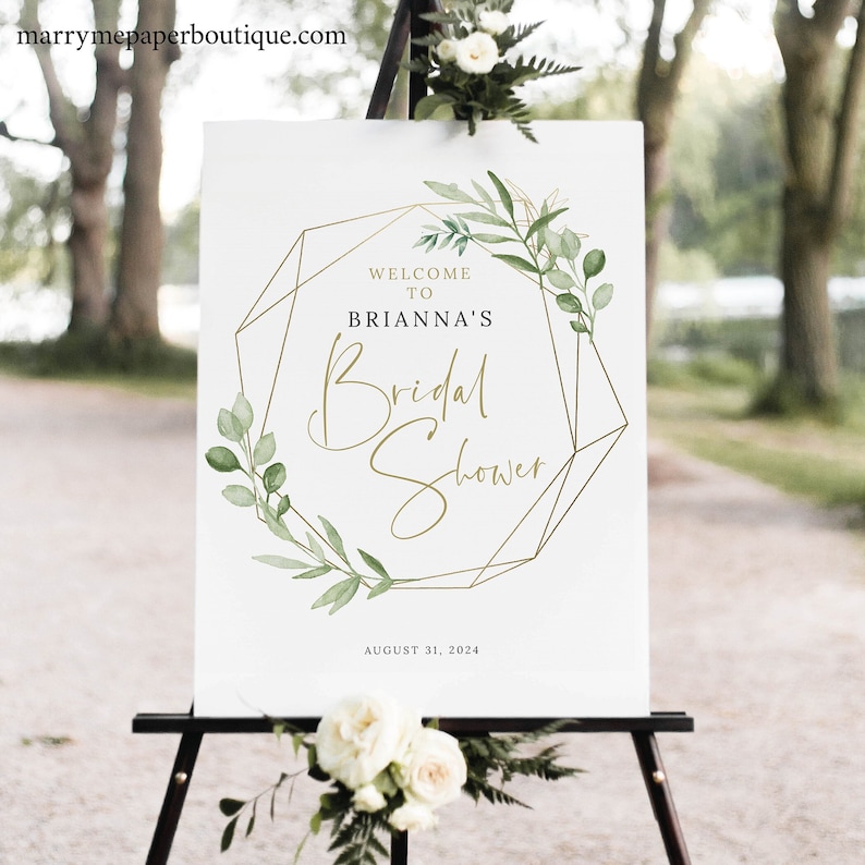 Bridal Shower Welcome Sign Template, Greenery & Gold, Templett, Printable Editable Instant Download, Try Before Purchase afbeelding 1