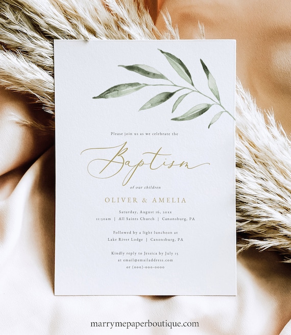 Baptism Invitation Template, Olive Leaf Greenery, Editable, Twins Baptism Invitation Card, Double Baptism, 5x7, Templett INSTANT Download