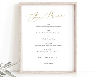 Wedding Bar Menu Template, Elegant Gold Script, Bar Menu Printable, Wedding Drinks Menu, Editable Bar Menu Sign, Templett INSTANT Download