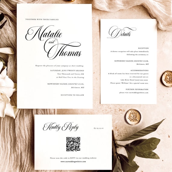 Wedding Invitation Template Set, Classic Wedding Calligraphy, Editable QR Code RSVP, Details, Wedding Invite, Templett INSTANT Download