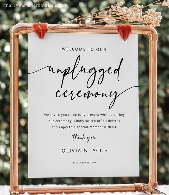 Unplugged Ceremony Sign Template, Modern, Calligraphy, 8x10, Wedding Table Sign, Unplugged Wedding Sign, Editable, Templett INSTANT Download