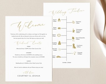 Wedding Itinerary & Welcome Card Template, Elegant Script Gold, Editable Printable Instant Download, Templett
