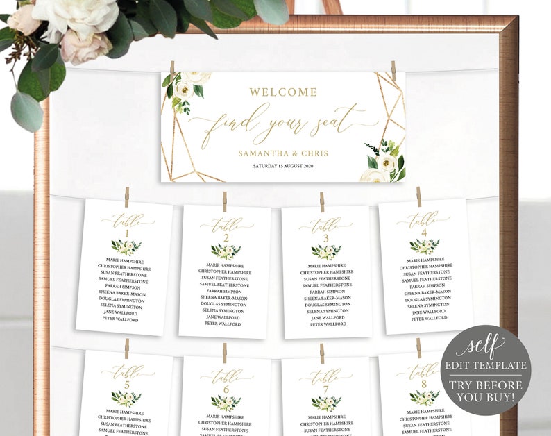 TRY BEFORE You BUY Seating Chart Sign Template White Floral Cards Editable Instant Download