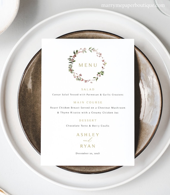 Menu Template, Winter Wreath, Editable, 5x7, Winter Wedding, Red Berries Wreath, Christmas Menu Card, Printable, Templett INSTANT Download