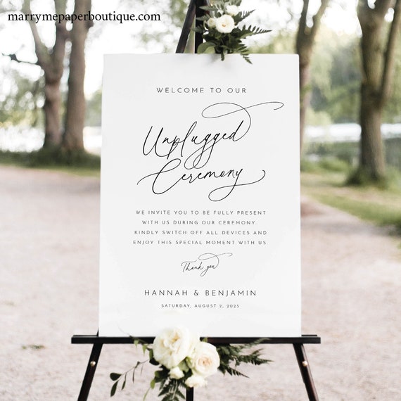 Unplugged Ceremony Sign Template, Pretty Calligraphy, Editable, Calligraphy Unplugged Wedding Sign, Printable, Templett INSTANT Download